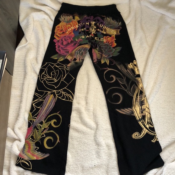 Christian Audigier Pants - Christian Audigier DEADSTOCK nwt y2k flare black bird sweats sz xs RARE!!!!